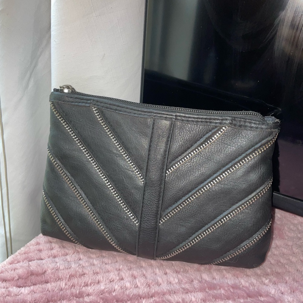 Black and silver zip up clutch purse